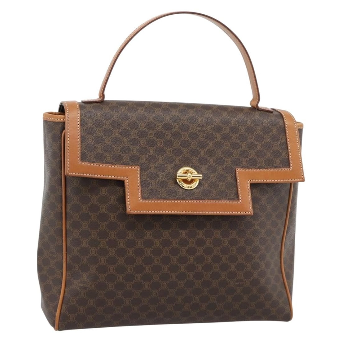 CELINE Macadam Brown PVC Leather Handbag with Dust Bag: CELINE Macadam Brown PVC Leather Handbag with Dust Bag Celine Macadam canvas hand bag in brown with gold-tone accents, crafted from PVC leather and made in Italy. This women's handbag includes a dust 