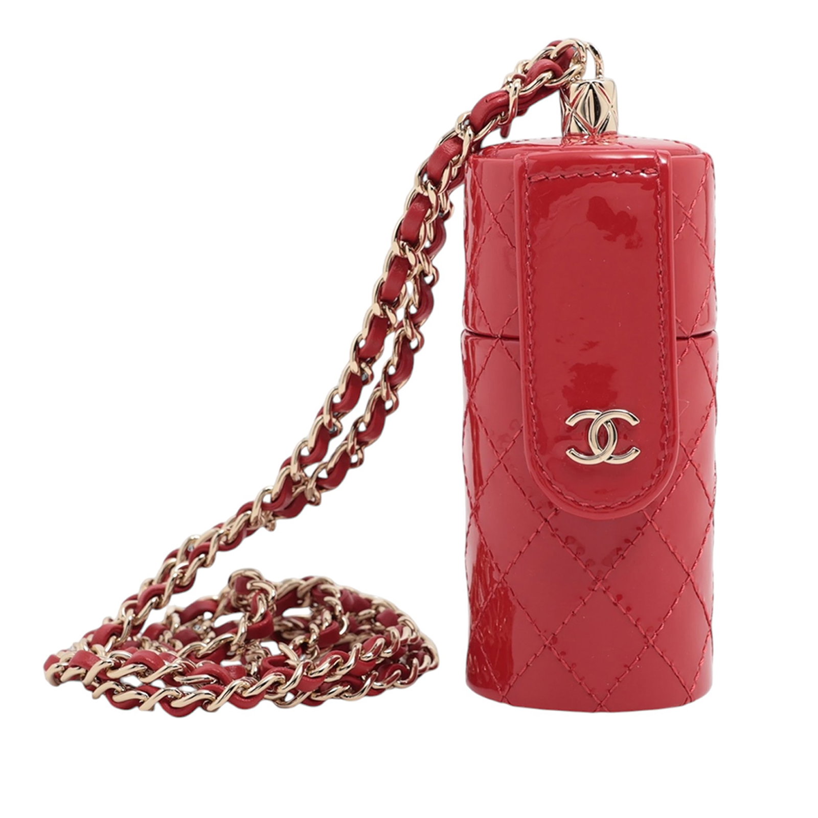 Chanel CC Quilted Patent Leather Lipstick Holder Red: Chanel CC Quilted Patent Leather Lipstick Holder Red A Chanel CC Quilted Patent Lipstick Case in red leather with a leather-woven chain link strap and snap button closure. This compact small leather g