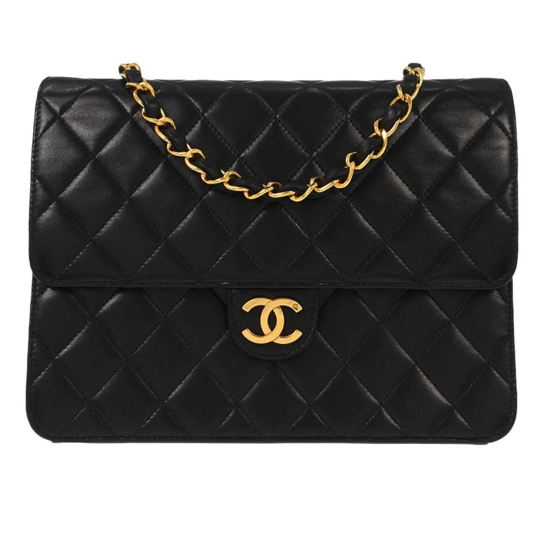 CHANEL Classic Single Flap Small Black Lambskin Shoulder Bag: CHANEL Classic Single Flap Small Black Lambskin Shoulder Bag Chanel Small Half Flap shoulder bag in black lambskin with a pushlock turn-lock closure and shoulder strap. This women's bag features an in