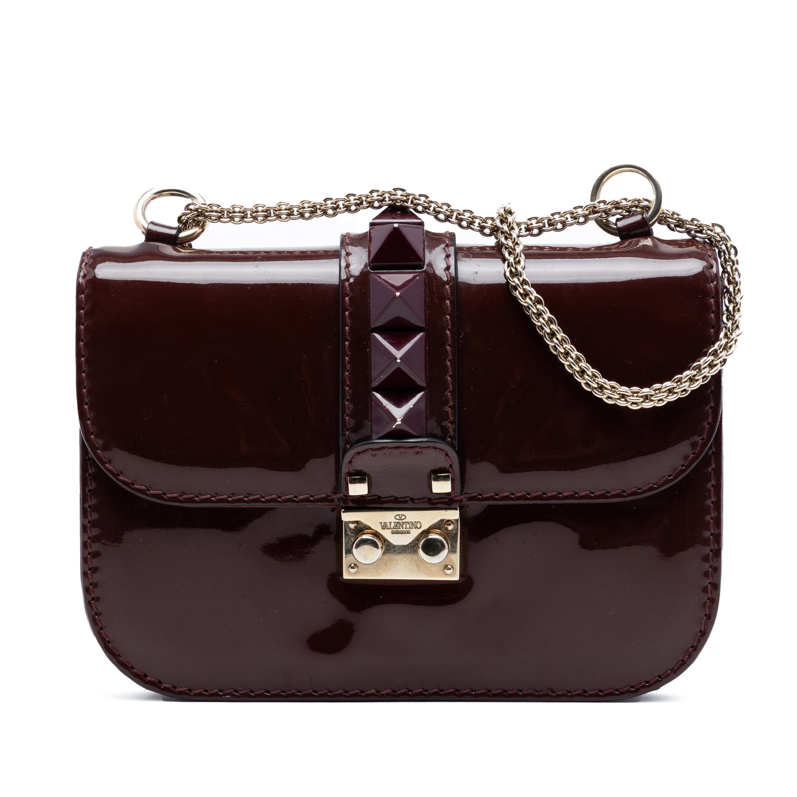 Valentino red patent leather Rockstud Glam Lock crossbody bag: Valentino red patent leather Rockstud Glam Lock crossbody bag This Valentino Small Patent Rockstud Glam Lock Crossbody features a striking red patent leather body, complemented by a chain link strap a