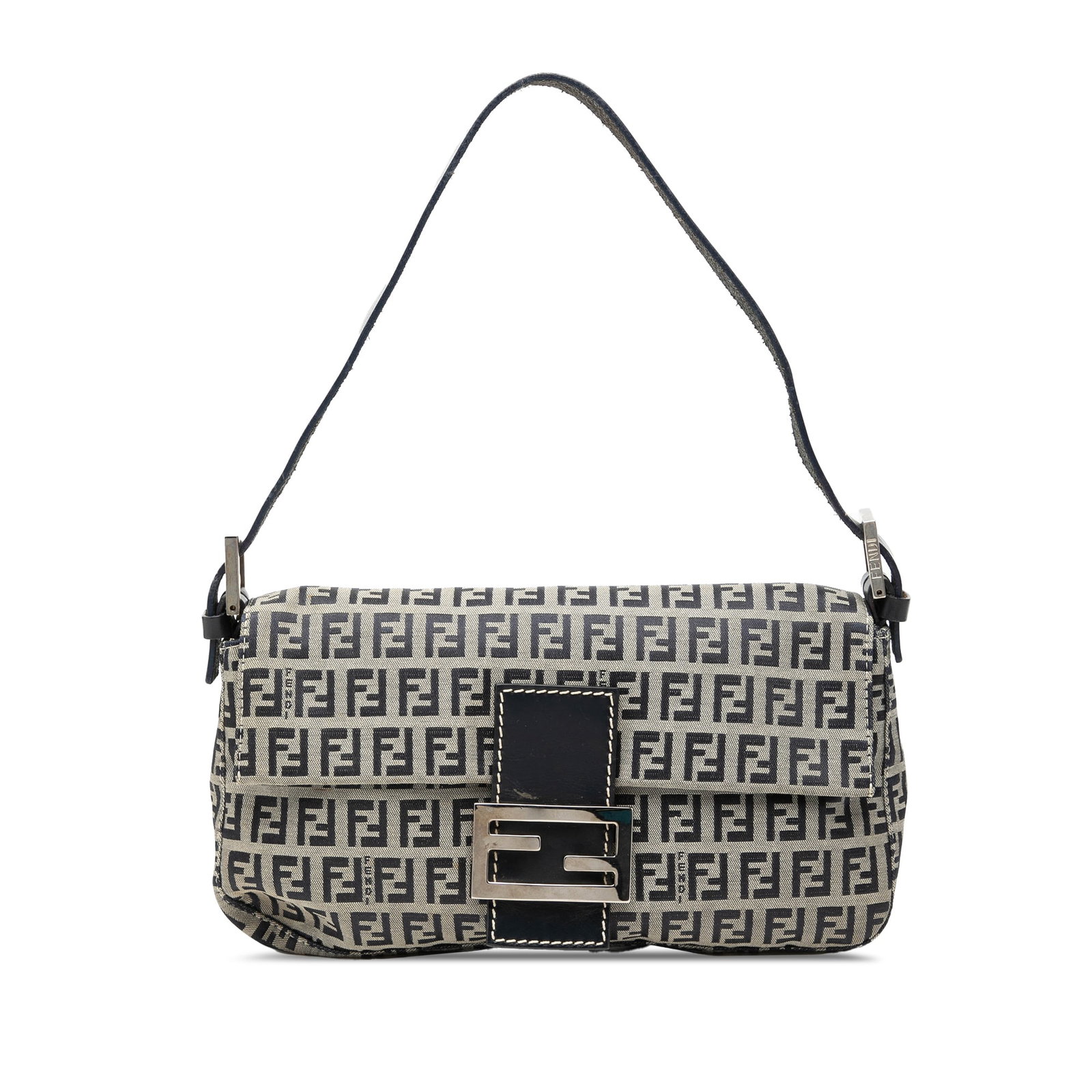Fendi gray canvas shoulder bag Zucchino Baguette: Fendi gray canvas shoulder bag Zucchino Baguette A Fendi Zucchino Canvas Baguette made in Italy. This bag features a canvas body, an adjustable flat leather strap, a front flap with a flat strap and m