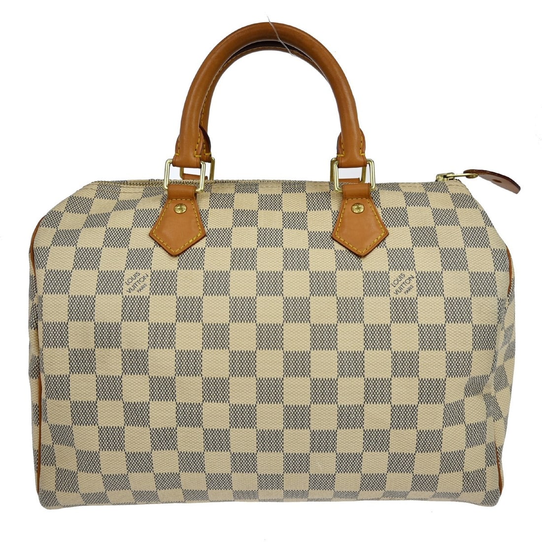 Louis Vuitton Speedy 30 Damier Azur Leather Handbag N41533: Louis Vuitton Speedy 30 Damier Azur Leather Handbag N41533 Vintage Louis Vuitton Speedy 30 handbag in Damier Azur canvas with leather trim and double handles. This zip-top duffle-style bag features a 