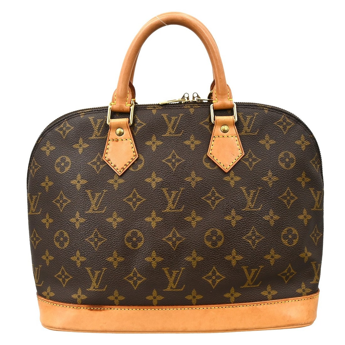 Louis Vuitton Alma Monogram Canvas Hand Bag M51130 BA0995: Louis Vuitton Alma Monogram Canvas Hand Bag M51130 BA0995 Vintage Louis Vuitton Alma handbag in brown Monogram canvas with leather trim and double handles. This medium handbag features a zip closure, 
