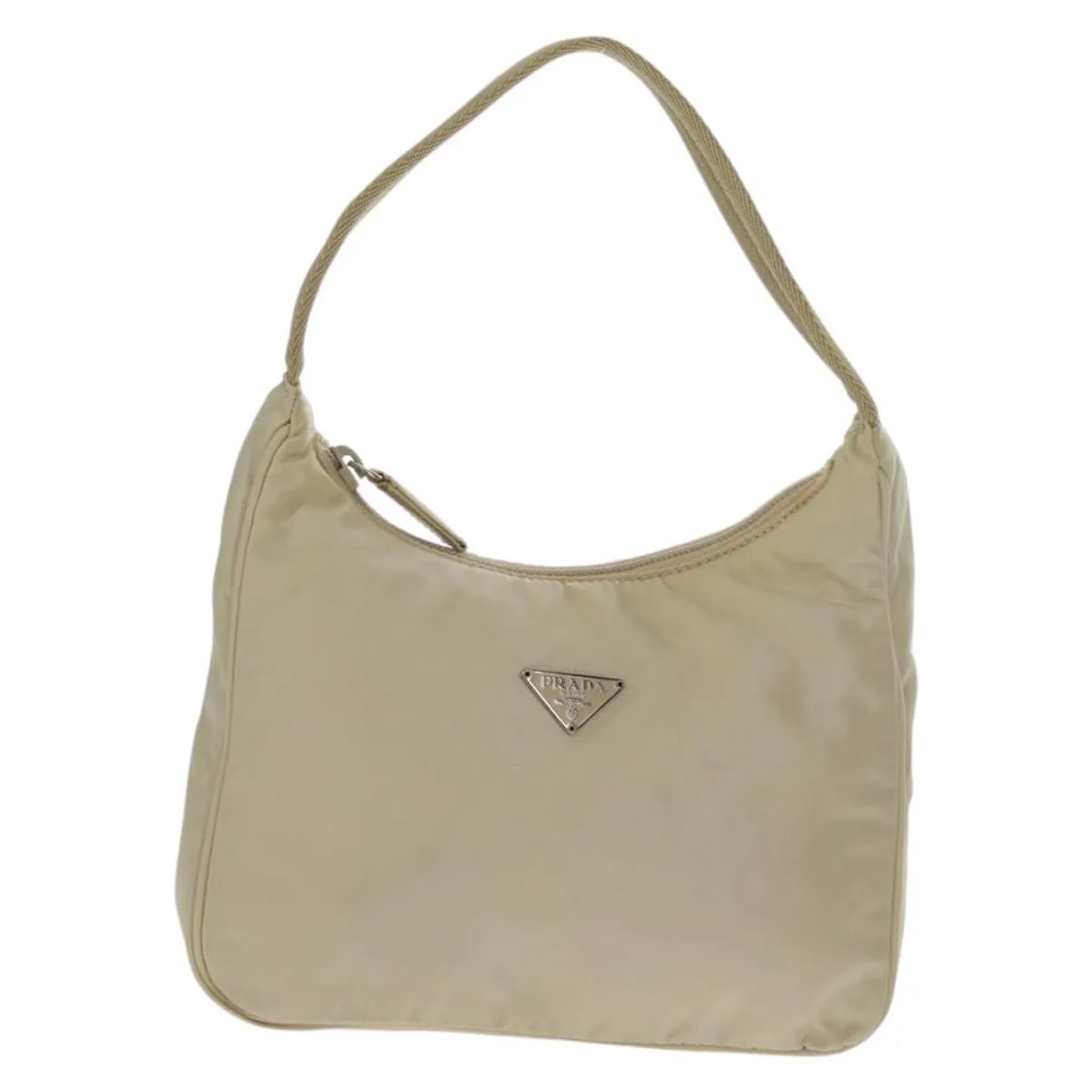Beige Nylon Hobo Bag by Prada 20cm x 15cm x 6cm: Beige Nylon Hobo Bag by Prada 20cm x 15cm x 6cm This Prada Hobo bag features a beige nylon exterior designed for women. The bag shows some signs of use, including minor loss of shape, slight rubbing, 
