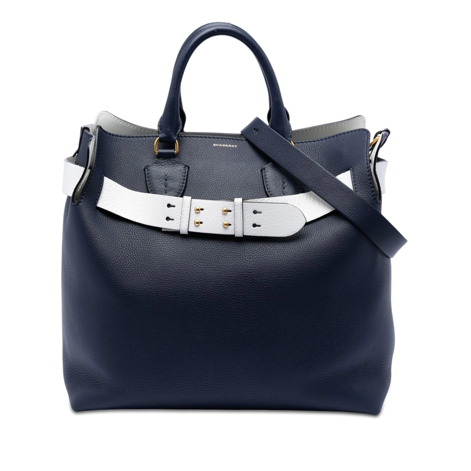 Burberry leather belt satchel blue large bicolor: Burberry leather belt satchel blue large bicolor This Burberry Large Bicolor Leather Belt Bag features a leather body, rolled leather handles, and a detachable, adjustable flat leather strap. The bag 