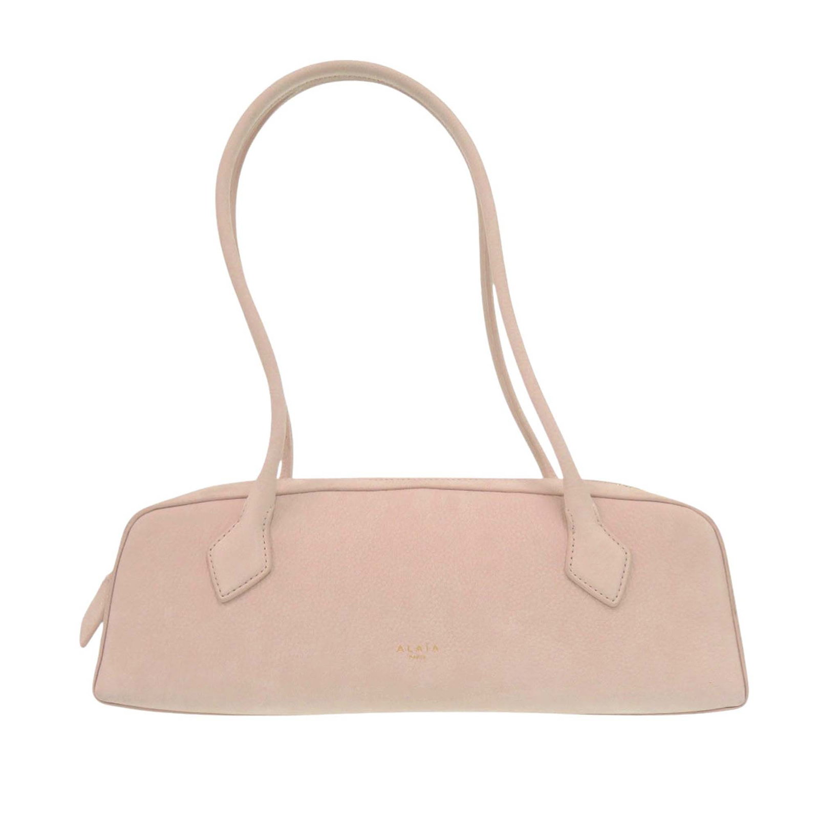 ALAIA Le Teckel Medium Pink Nubuck Leather Shoulder Bag: ALAIA Le Teckel Medium Pink Nubuck Leather Shoulder Bag Medium nubuck Le Teckel shoulder bag in pink with rolled leather straps, a top zip closure, and an interior slip pocket. Made in Italy. Conditio