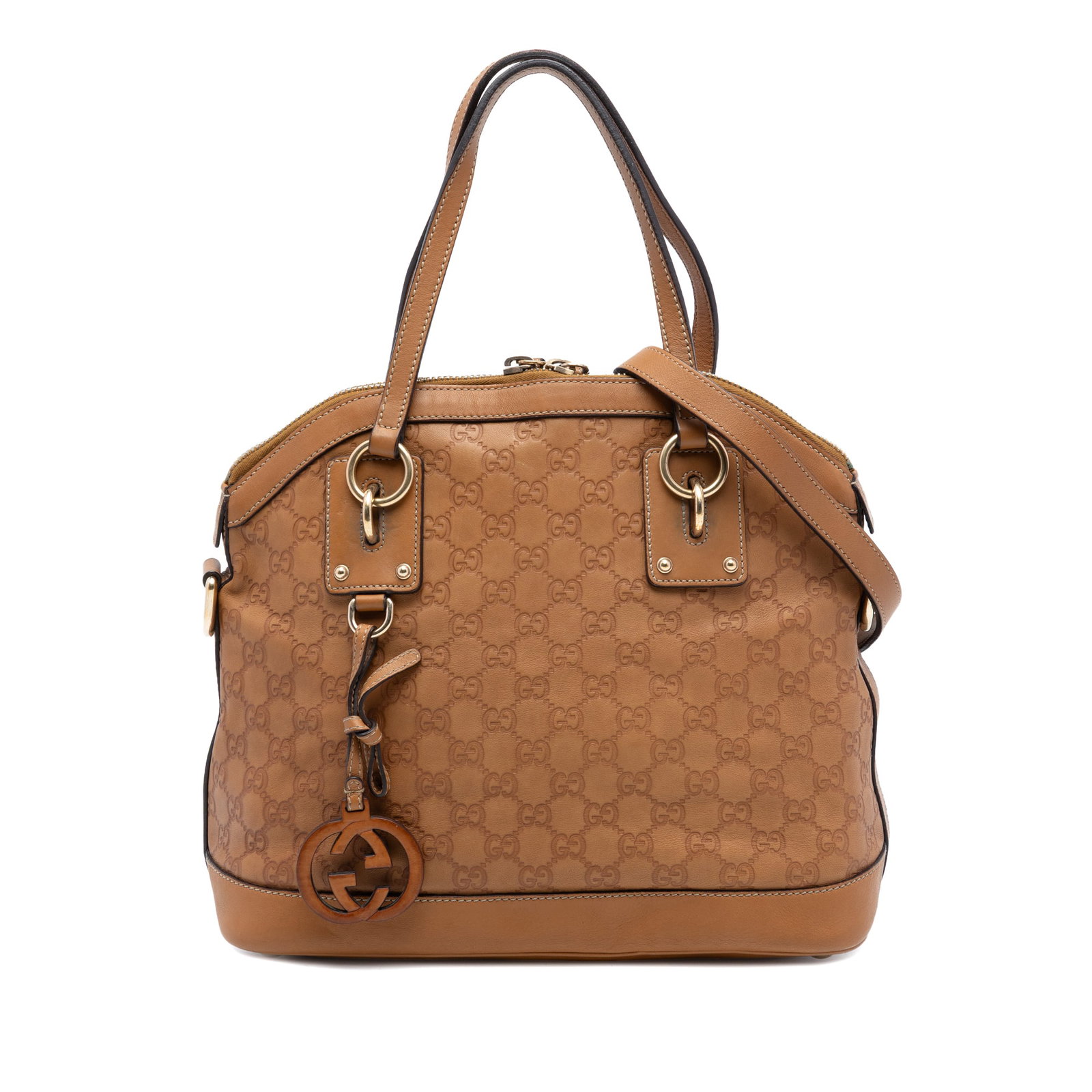 Gucci Guccissima Leather Dome Satchel with Charm and Top Zip: Gucci Guccissima Leather Dome Satchel with Charm and Top Zip This Medium Guccissima Charm Dome Satchel features a brown leather body with a dome silhouette, rolled leather handles, and a detachable an