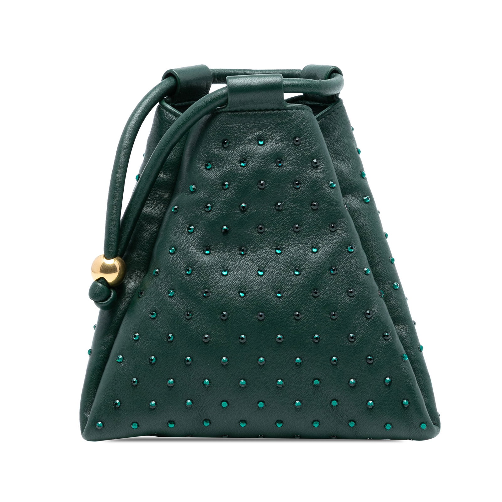 Mini Crystal Decorated Triangle Purse by Bottega Veneta in Green Lambskin: Mini Crystal Decorated Triangle Purse by Bottega Veneta in Green Lambskin This mini handbag showcases a crystal-embellished lambskin leather body in green, featuring a rolled leather handle and a top 