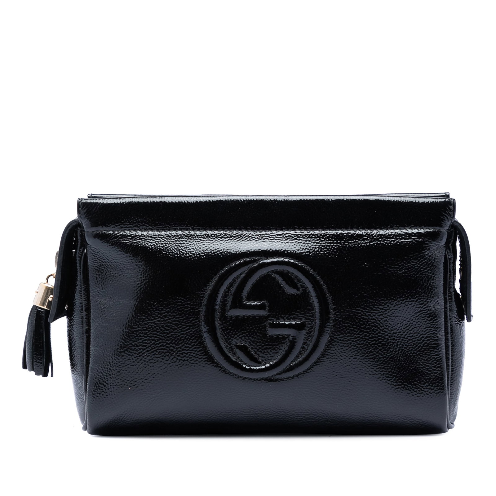 Black Patent Leather Cosmetic Pouch Gucci Soho: Black Patent Leather Cosmetic Pouch Gucci Soho Gucci Patent Soho Cosmetic Pouch in black patent leather with a top zip closure and an interior slip pocket. Made in Italy. Condition is B+ with noted we