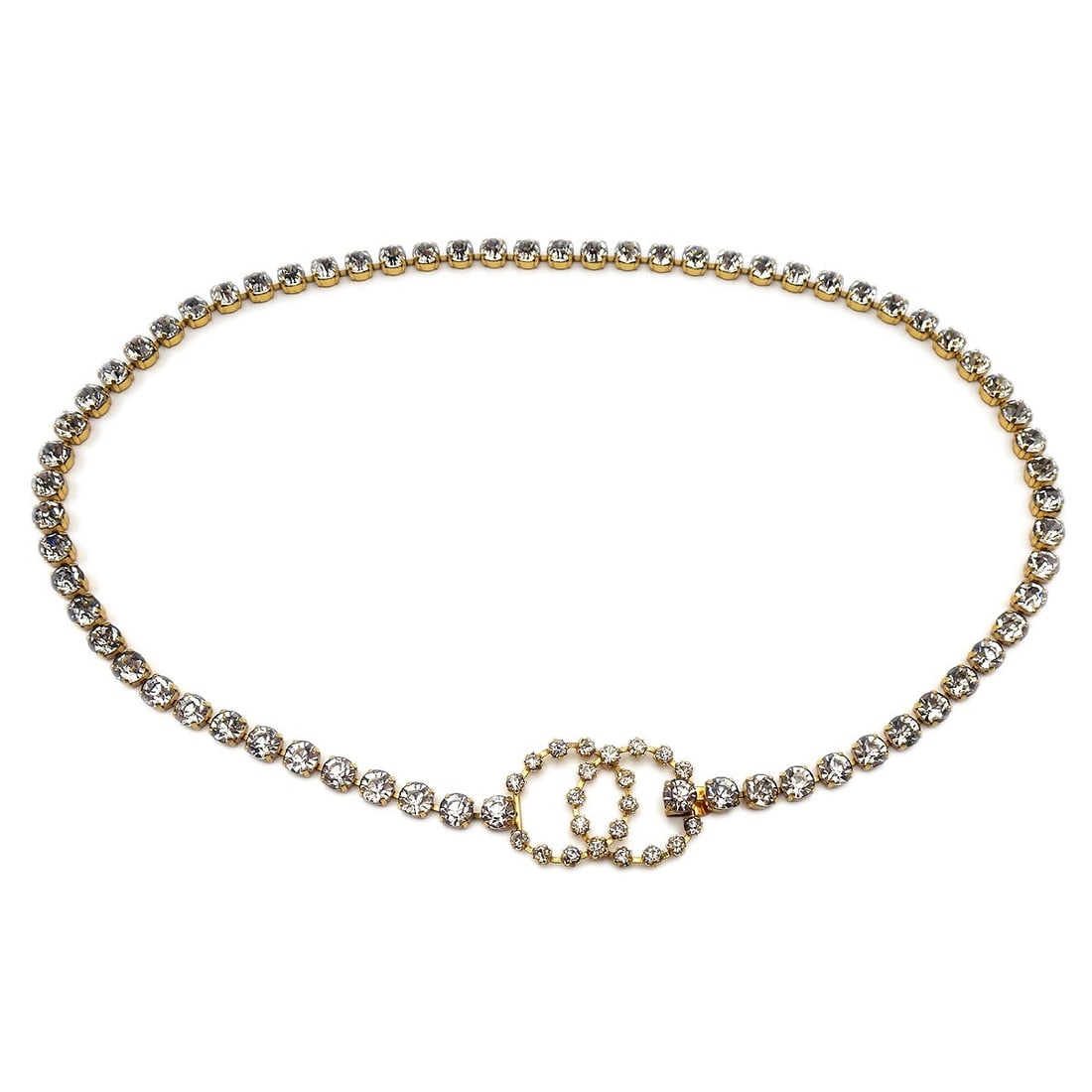 CHANEL 95P Gold Tone Chain Belt with Rhinestone Charm: CHANEL 95P Gold Tone Chain Belt with Rhinestone Charm Vintage Chanel chain belt from the 1995 collection, crafted in France with a gold-plated finish and rhinestone accents. This adjustable women's be