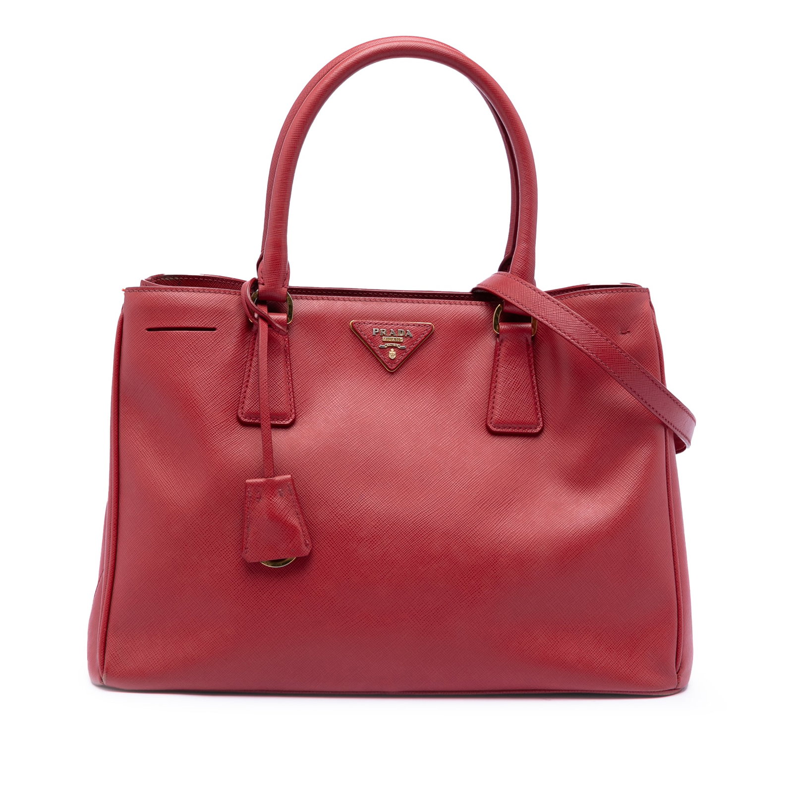 Prada Galleria Red Saffiano Leather Medium Satchel: Prada Galleria Red Saffiano Leather Medium Satchel This Prada Medium Saffiano Lux Galleria Satchel is crafted from saffiano leather in a striking red color. It features rolled leather handles, a detac