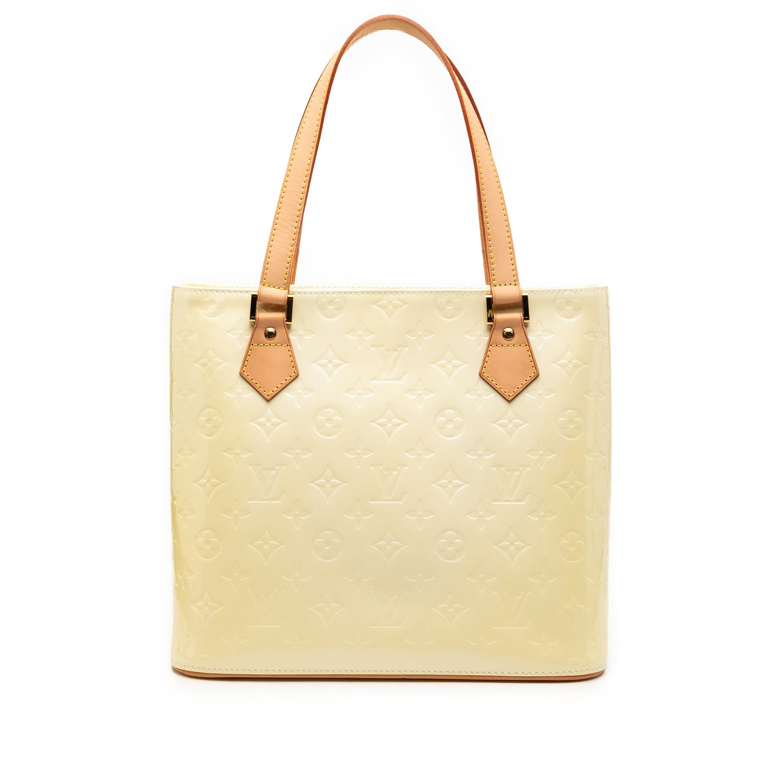 Louis Vuitton Houston Monogram Vernis white leather tote bag: Louis Vuitton Houston Monogram Vernis white leather tote bag This Louis Vuitton Monogram Vernis Houston bag features a vernis leather body with flat leather straps, a top zip closure, and both interio
