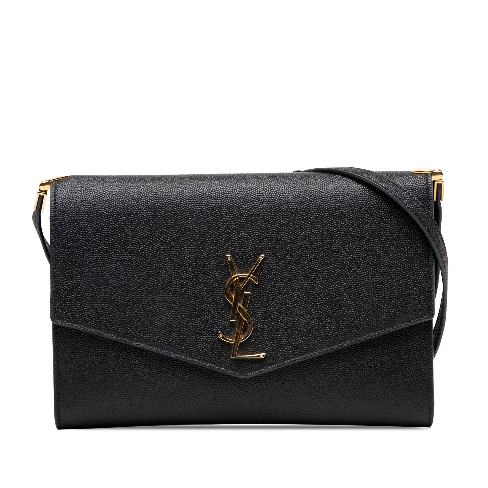 Saint Laurent Uptown Mini Black Leather Crossbody Bag: Saint Laurent Uptown Mini Black Leather Crossbody Bag This Saint Laurent Mini Grain de Poudre Uptown Crossbody features a black leather body with a fine pebbled texture. It is designed with a flat lea