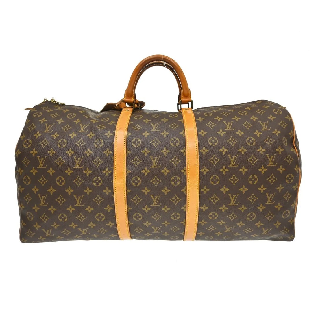 Louis Vuitton Keepall travel bag in brown monogram canvas: Louis Vuitton Keepall travel bag in brown monogram canvas Louis Vuitton Keepall in brown monogram canvas. This unisex bag is in good condition with visible wear consistent with age, including scuffs, 