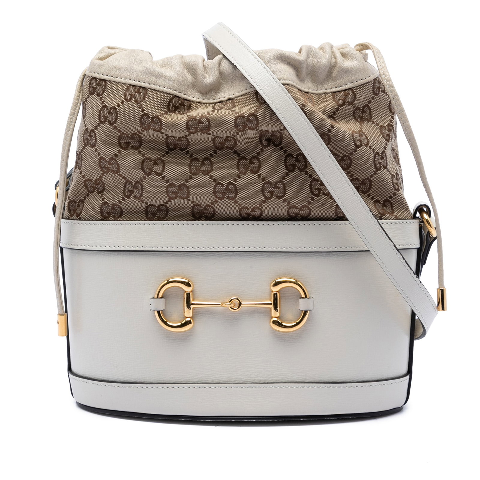 Gucci Horsebit 1955 Beige Canvas Leather Bucket Bag: Gucci Horsebit 1955 Beige Canvas Leather Bucket Bag This Gucci GG Canvas Horsebit 1955 Bucket Bag features a beige canvas and leather body, an adjustable flat leather strap, a drawstring closure, and 