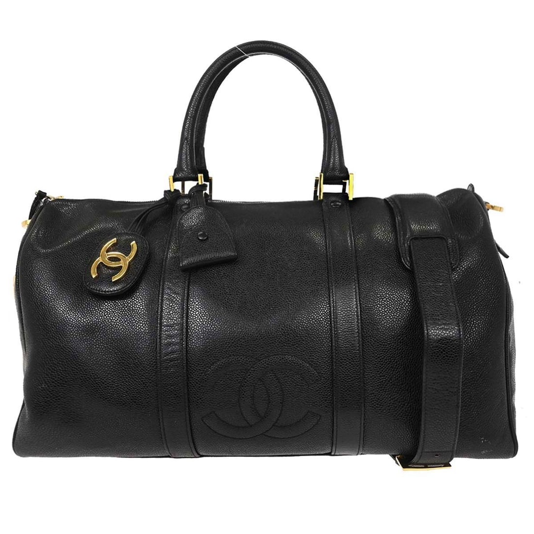 CHANEL 2way Duffle Handbag Black Leather Vintage Italy: CHANEL 2way Duffle Handbag Black Leather Vintage Italy Vintage Chanel 2way duffle handbag in black caviar skin leather with double handles and a zip closure. This medium bag features a black lining, g