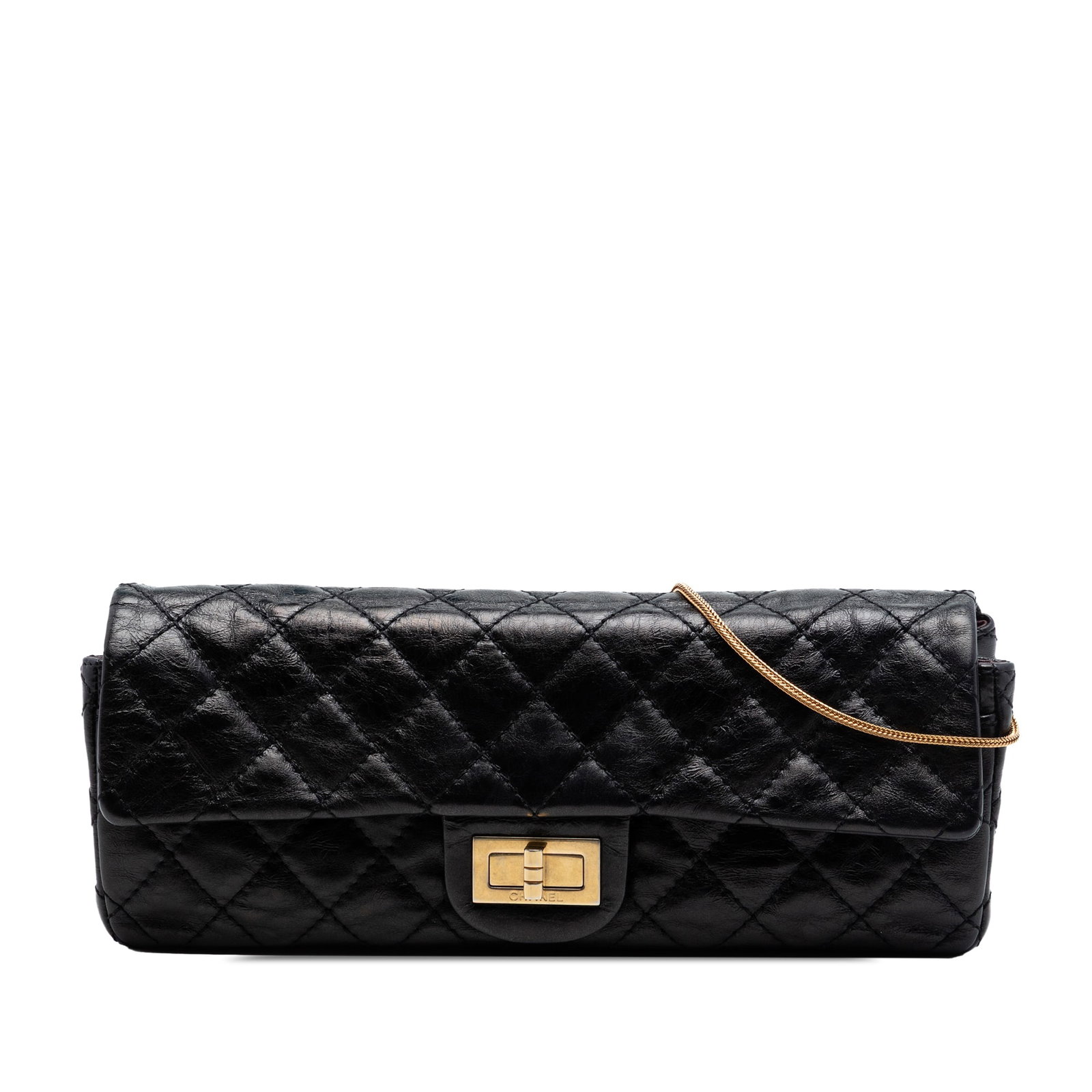 Chanel East West Flap Reissue 2.55 Black Quilted Leather Bag: Chanel East West Flap Reissue 2.55 Black Quilted Leather Bag This Chanel Quilted Glazed Calfskin Reissue 2.55 East West Single Flap bag features a black quilted leather body, a gold-tone cord strap, a