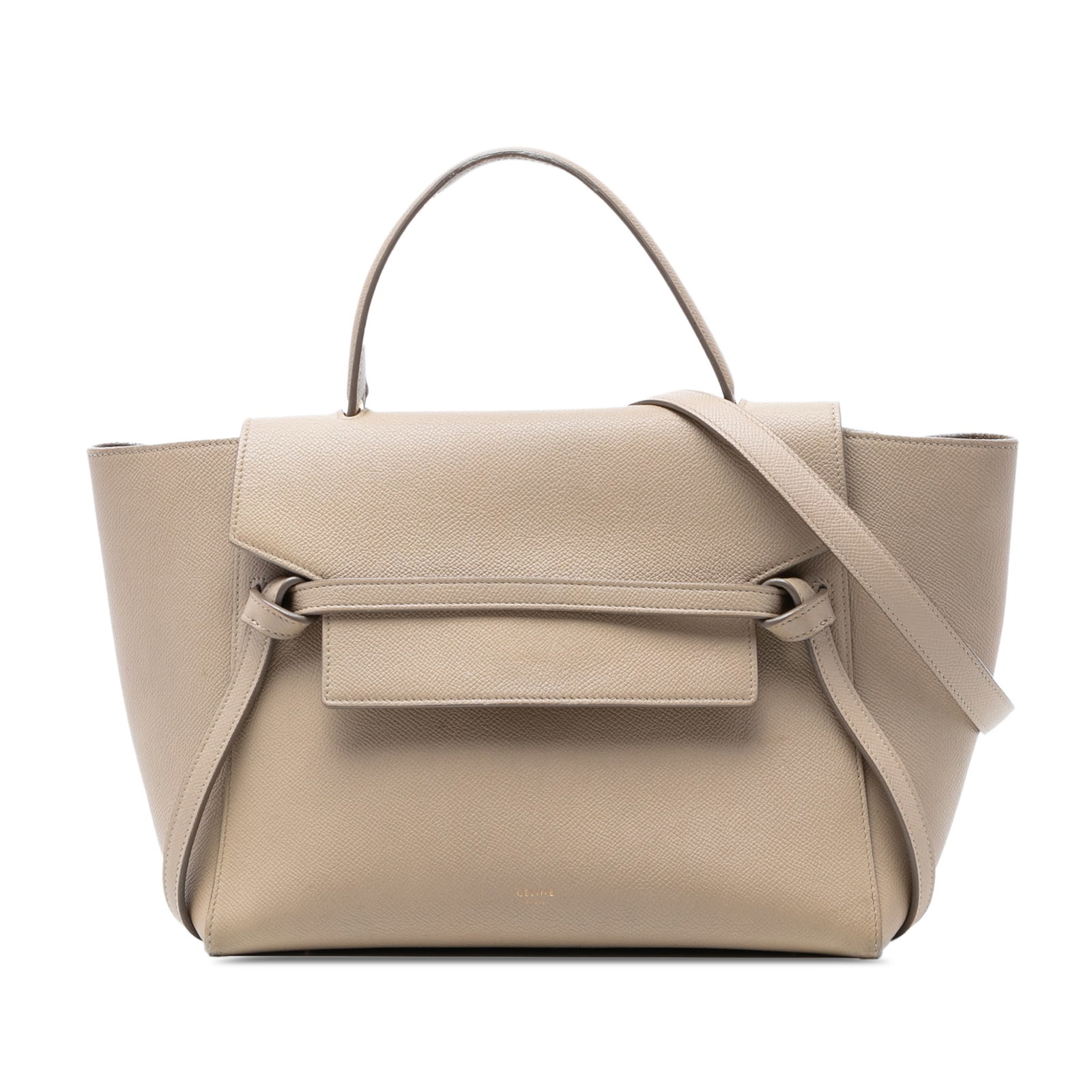 Celine Mini Belt Bag in Beige Grained Calfskin Leather: Celine Mini Belt Bag in Beige Grained Calfskin Leather Celine Mini Grained Calfskin Belt Bag in beige leather. This bag features a flat top handle, a detachable flat strap, a front flap with top zip c