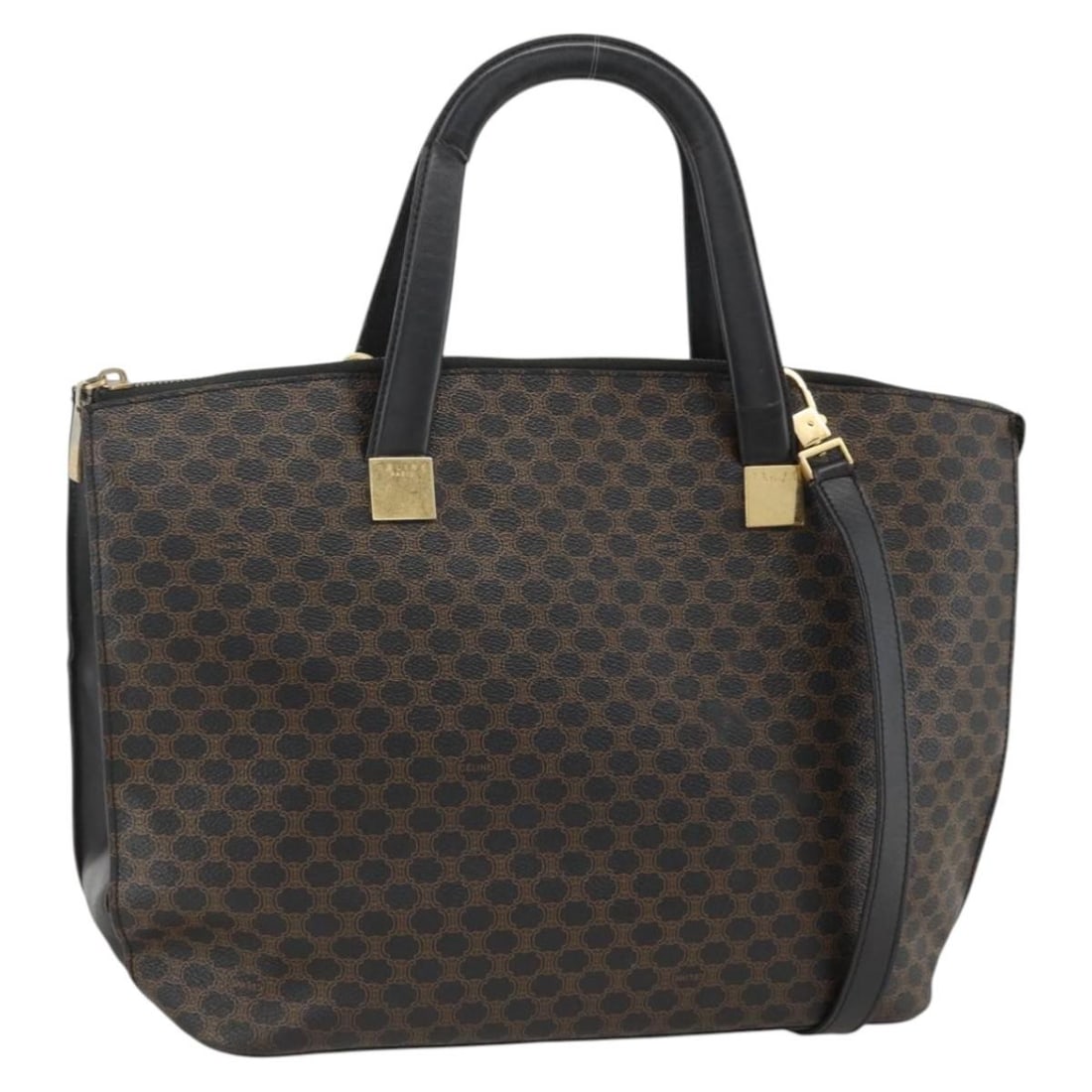 CELINE Macadam 2way Hand Bag Black PVC Leather with Shoulder Strap: CELINE Macadam 2way Hand Bag Black PVC Leather with Shoulder Strap Celine Macadam canvas 2-way handbag in black with gold-tone accents, crafted from PVC leather and Macadam canvas. This women's bag in