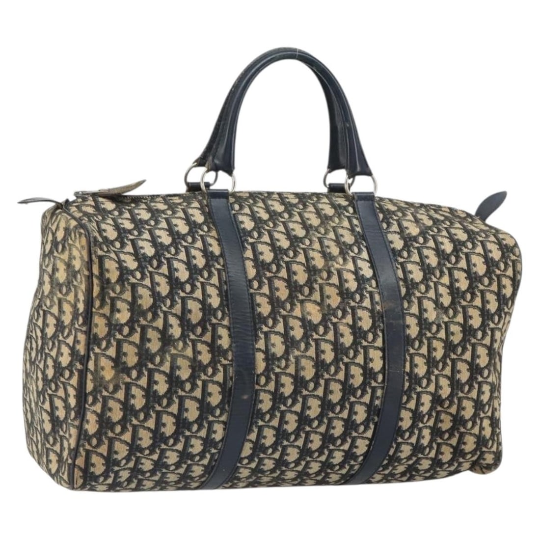 Christian Dior Boston Bag in Navy Silver Trotter Canvas: Christian Dior Boston Bag in Navy Silver Trotter Canvas Authentic Christian Dior Boston bag in navy and silver Trotter canvas, made in France. This women's bag is offered without the original box or d