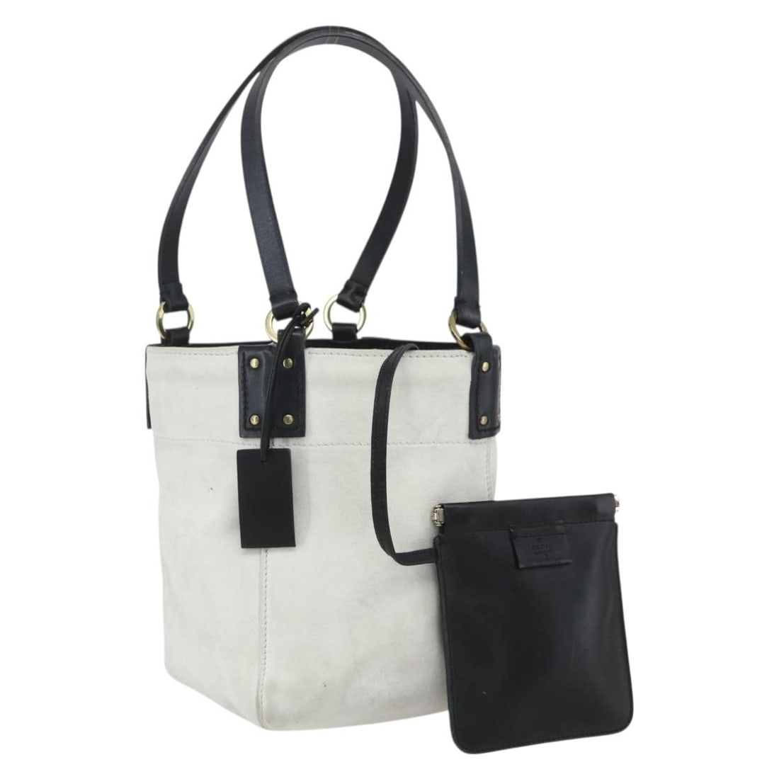 Gucci Suede White and Gold Handbag with Pouch 159346: Gucci Suede White and Gold Handbag with Pouch 159346 This Gucci handbag features a white and gold suede exterior and comes with a coordinating pouch. Made in Italy, the bag has a handle drop of approx