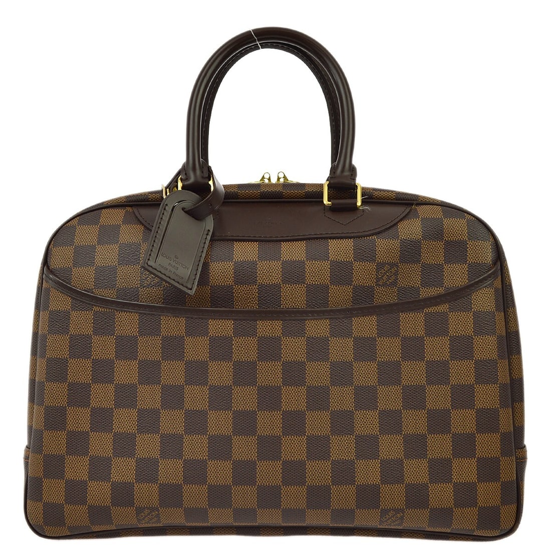 Louis Vuitton Deauville Bowling Vanity Damier Brown Handbag N47272: Louis Vuitton Deauville Bowling Vanity Damier Brown Handbag N47272 Louis Vuitton Deauville Bowling Vanity handbag in Damier canvas with leather trim and double handles. This medium handbag features a 