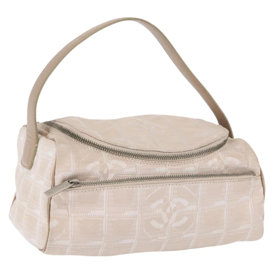 Beige Nylon CHANEL New Travel Line Handbag with Silver Accents and Card: Beige Nylon CHANEL New Travel Line Handbag with Silver Accents and Card This CHANEL Travel Line handbag is crafted from beige nylon with silver-tone accents. It features dual top handles and includes 