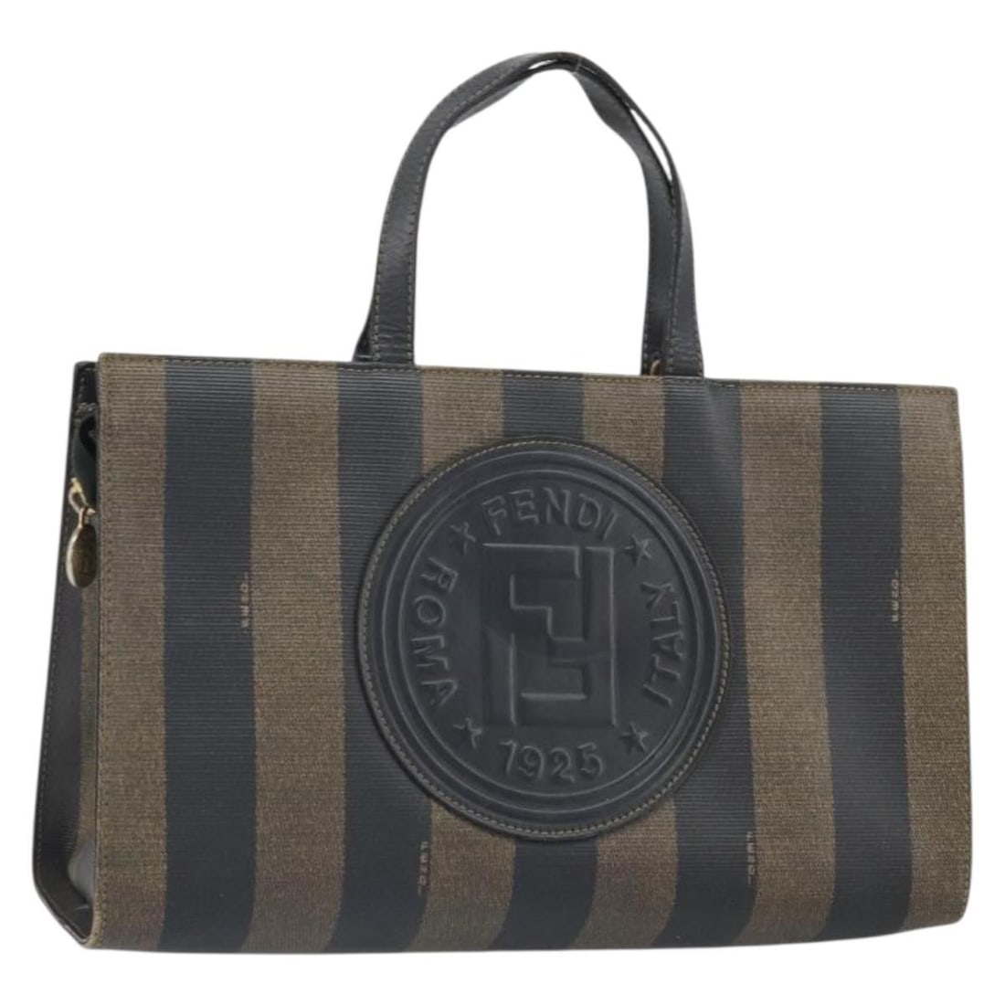 FENDI Pequin Canvas Handbag Black Brown Made in Italy bs32638: FENDI Pequin Canvas Handbag Black Brown Made in Italy bs32638 This Fendi handbag features a pecan canvas exterior in black and brown tones. The bag has a structured rectangular shape with a handle dro