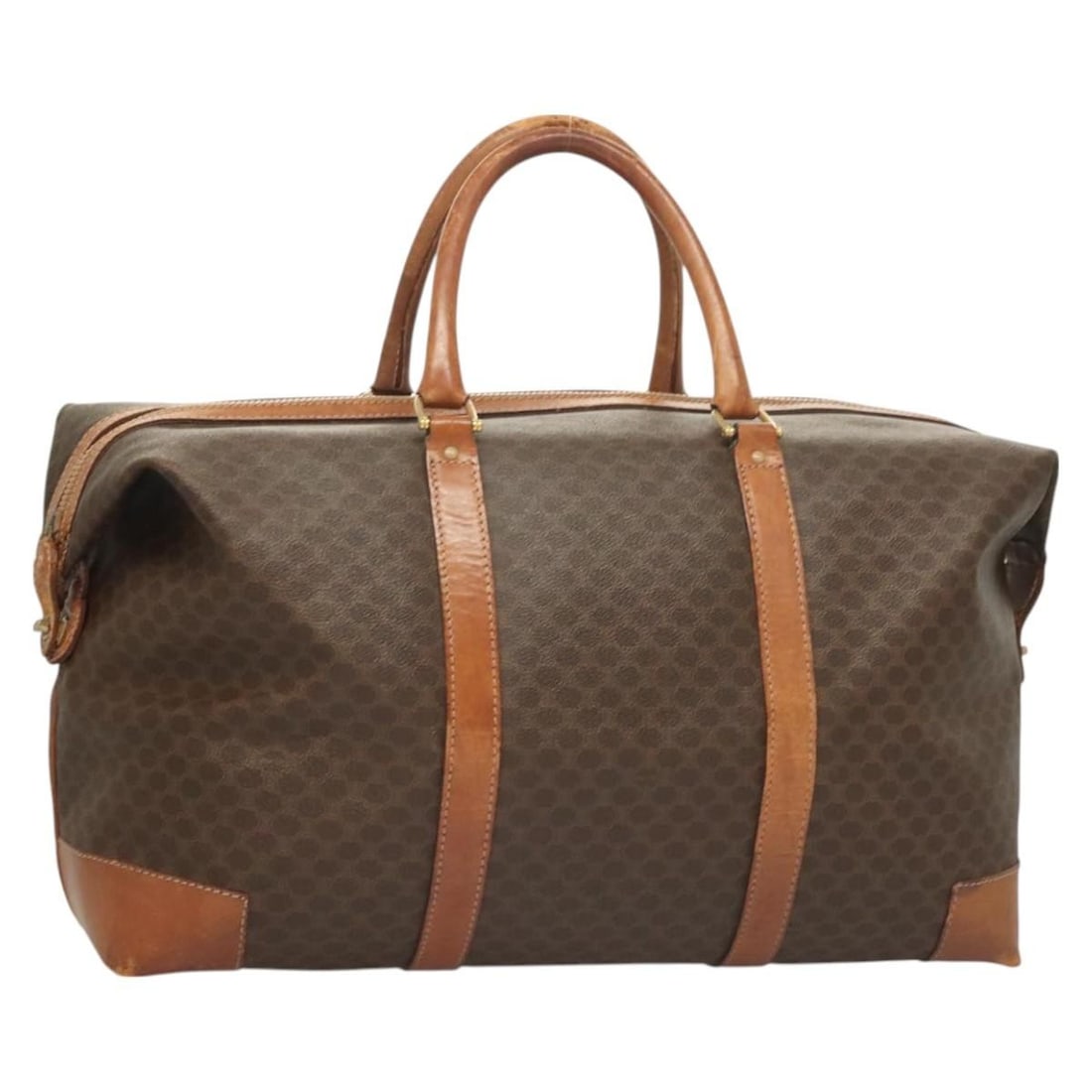 CELINE Macadam Boston Bag Brown PVC Leather Gold Tone: CELINE Macadam Boston Bag Brown PVC Leather Gold Tone Celine Macadam canvas Boston bag in brown with gold-tone accents, crafted with PVC leather trim. Made in Italy, this women's bag is offered withou