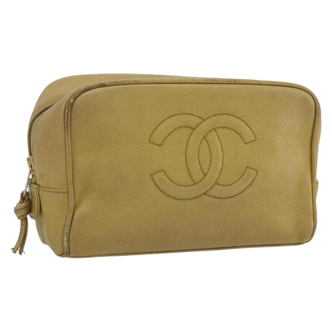 Chanel Yellow Grained Calfskin Pouch with Gold CC Logo: Chanel Yellow Grained Calfskin Pouch with Gold CC Logo This CHANEL Coco Mark pouch is crafted from grained calfskin leather in a yellow and gold tone. Designed for women, it features the iconic CC log
