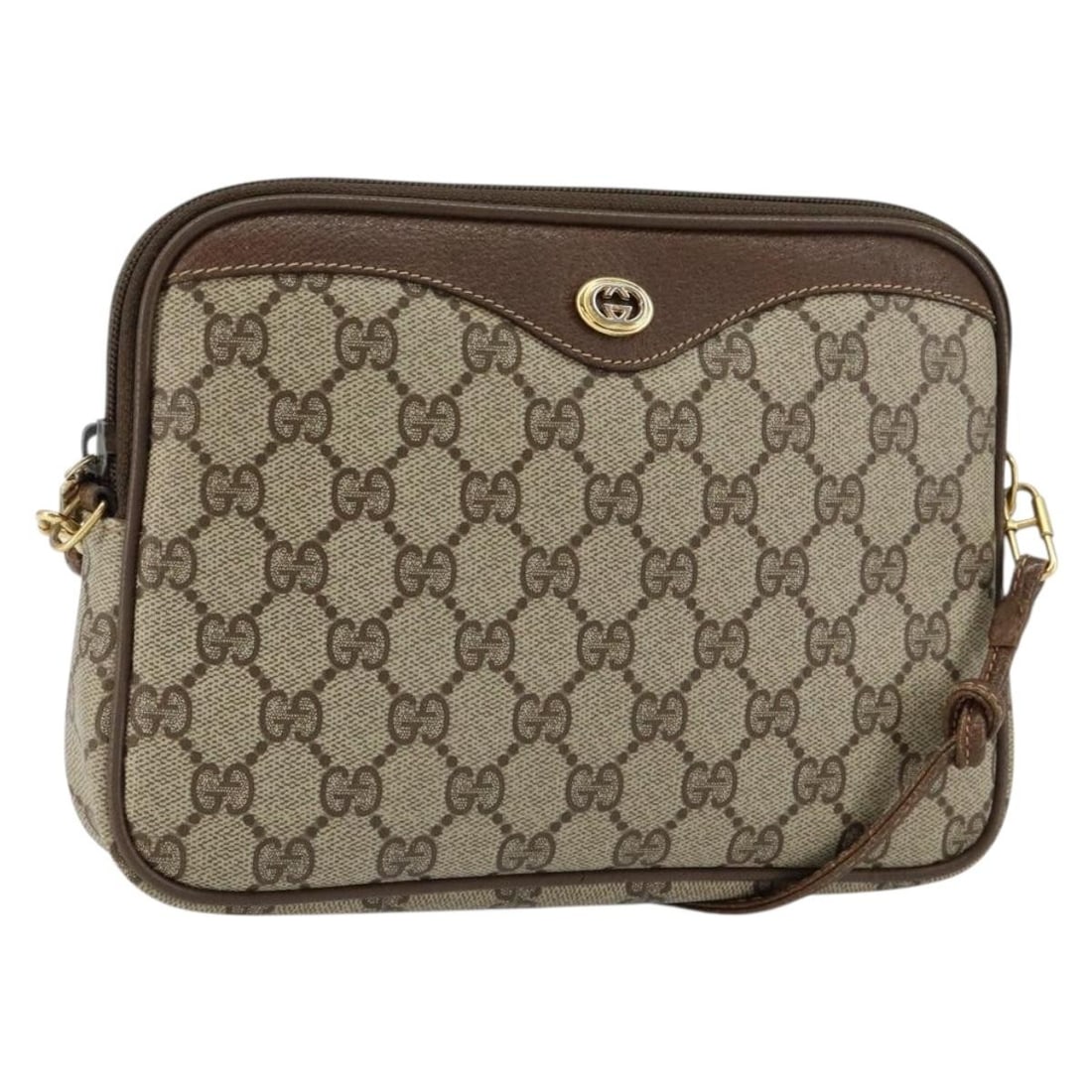GUCCI GG Supreme Beige Gold Shoulder Bag Italy Auth 97 02 068: GUCCI GG Supreme Beige Gold Shoulder Bag Italy Auth 97 02 068 This authentic GUCCI GG Supreme Shoulder Bag showcases a stylish blend of beige and gold tones, crafted from durable GG Canvas. Made in It