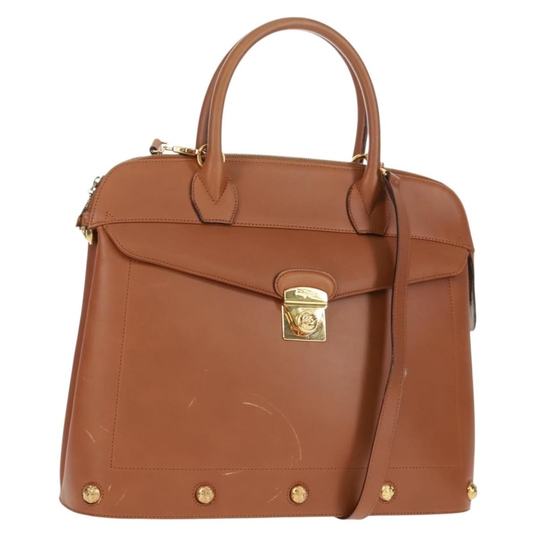Brown Leather Salvatore Ferragamo 2way Shoulder and Handbag with Gold Accents: Brown Leather Salvatore Ferragamo 2way Shoulder and Handbag with Gold Accents This Salvatore Ferragamo handbag features a 2-way design crafted from brown leather with gold-tone accents. Made in Italy,