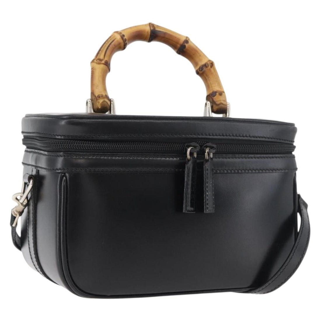 Gucci Bamboo Leather Vanity Bag Black Silver with Shoulder Strap: Gucci Bamboo Leather Vanity Bag Black Silver with Shoulder Strap This GUCCI Bamboo Vanity Hand Bag is crafted from black leather with silver-tone accents. Designed for versatile use, it features both 