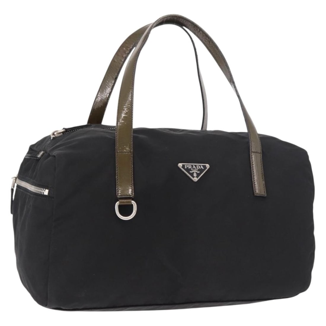 PRADA Nylon Handbag Black Khaki Silver Enamel Trim: PRADA Nylon Handbag Black Khaki Silver Enamel Trim Prada women's handbag in nylon with a black, khaki, and silver color combination. Made in Italy, this handbag is offered as the item shown only; the 