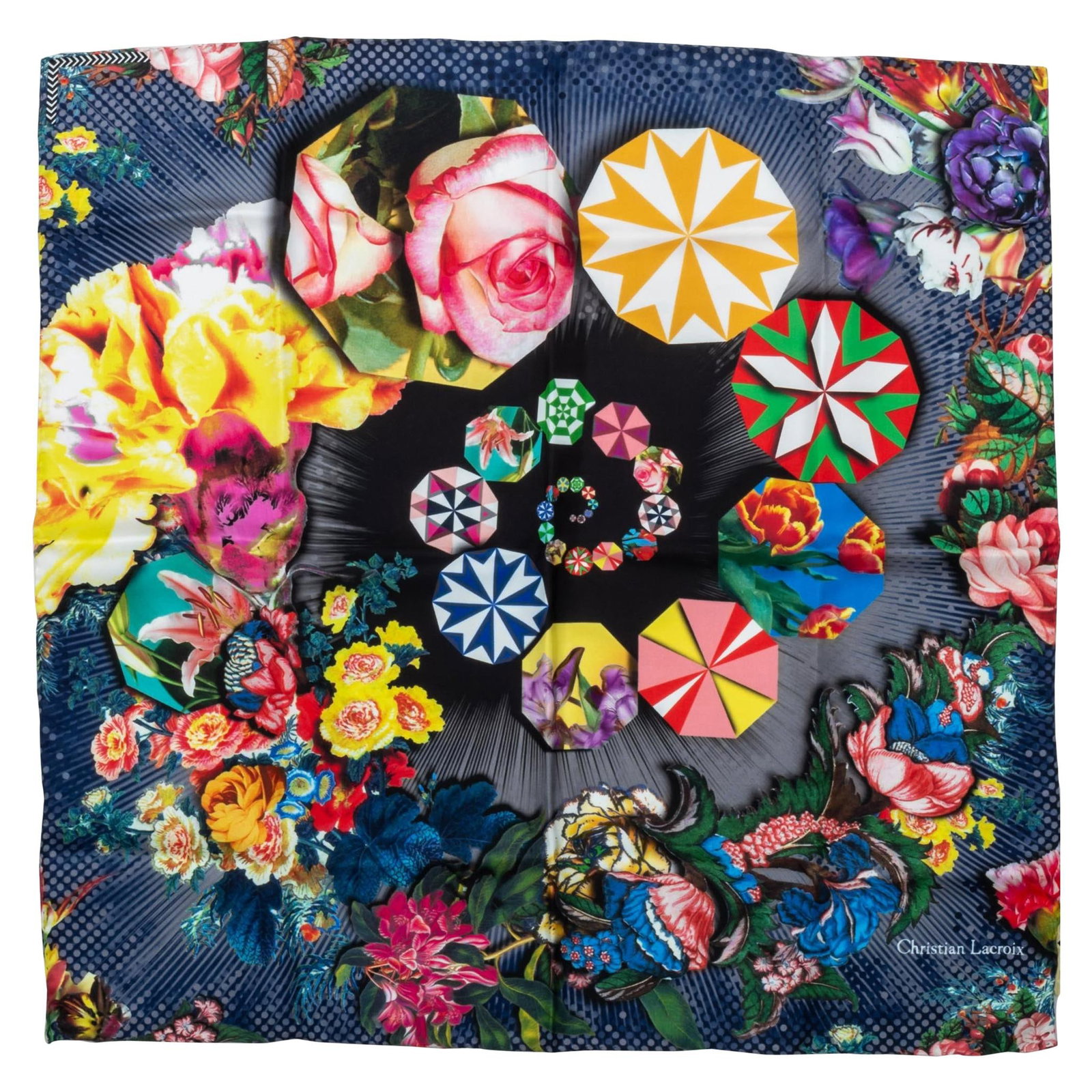 Christian Lacroix Vintage Blue Silk Scarf with Multicolor Design: Christian Lacroix Vintage Blue Silk Scarf with Multicolor Design Elevate your accessory collection with this exquisite Christian Lacroix scarf. Crafted from 100% silk, this vintage piece features a st