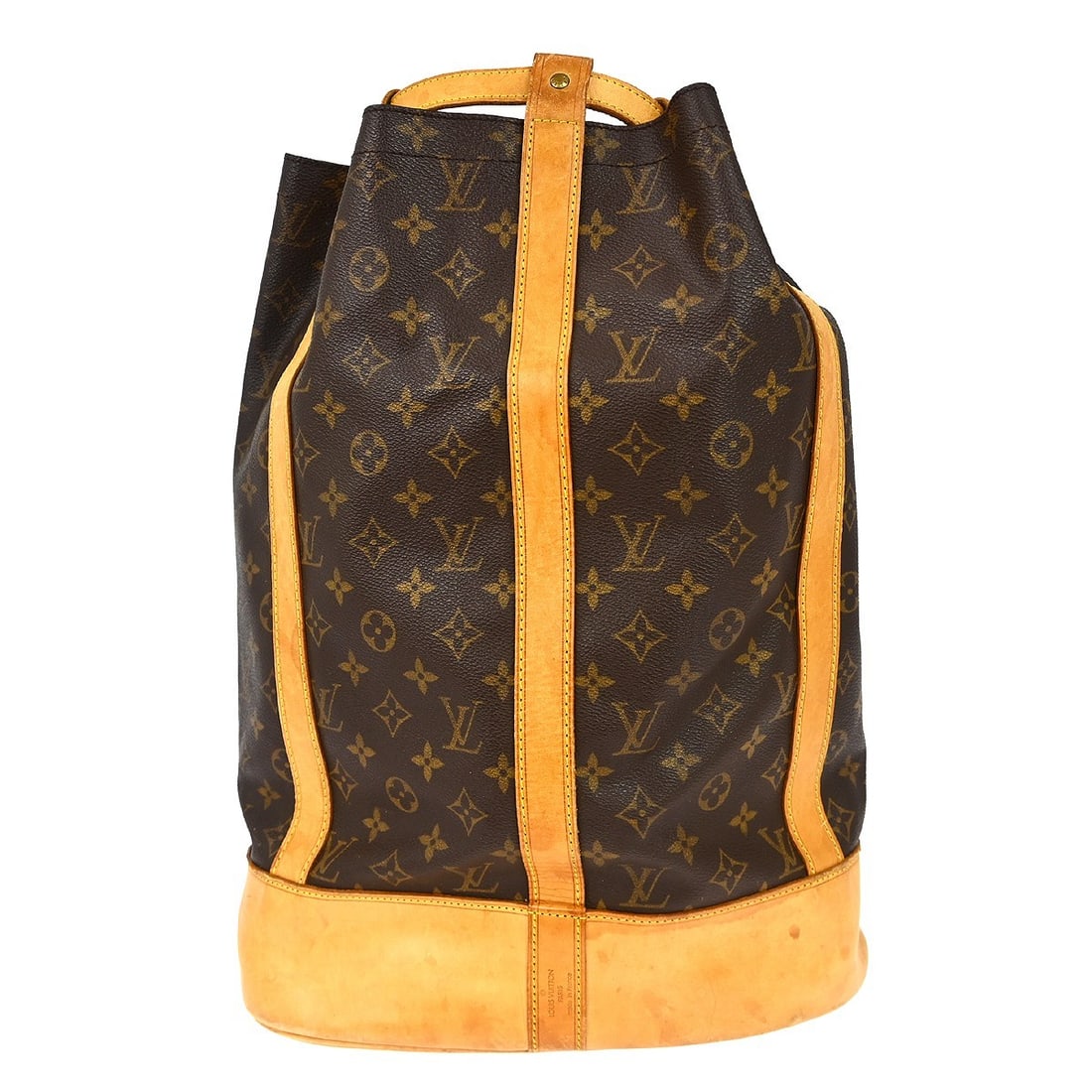 Louis Vuitton M42244 Randonnee GM Monogram Drawstring Shoulder Bag: Louis Vuitton M42244 Randonnee GM Monogram Drawstring Shoulder Bag Vintage Louis Vuitton Randonnee GM drawstring shoulder bag in brown Monogram canvas with leather trim and an adjustable shoulder stra