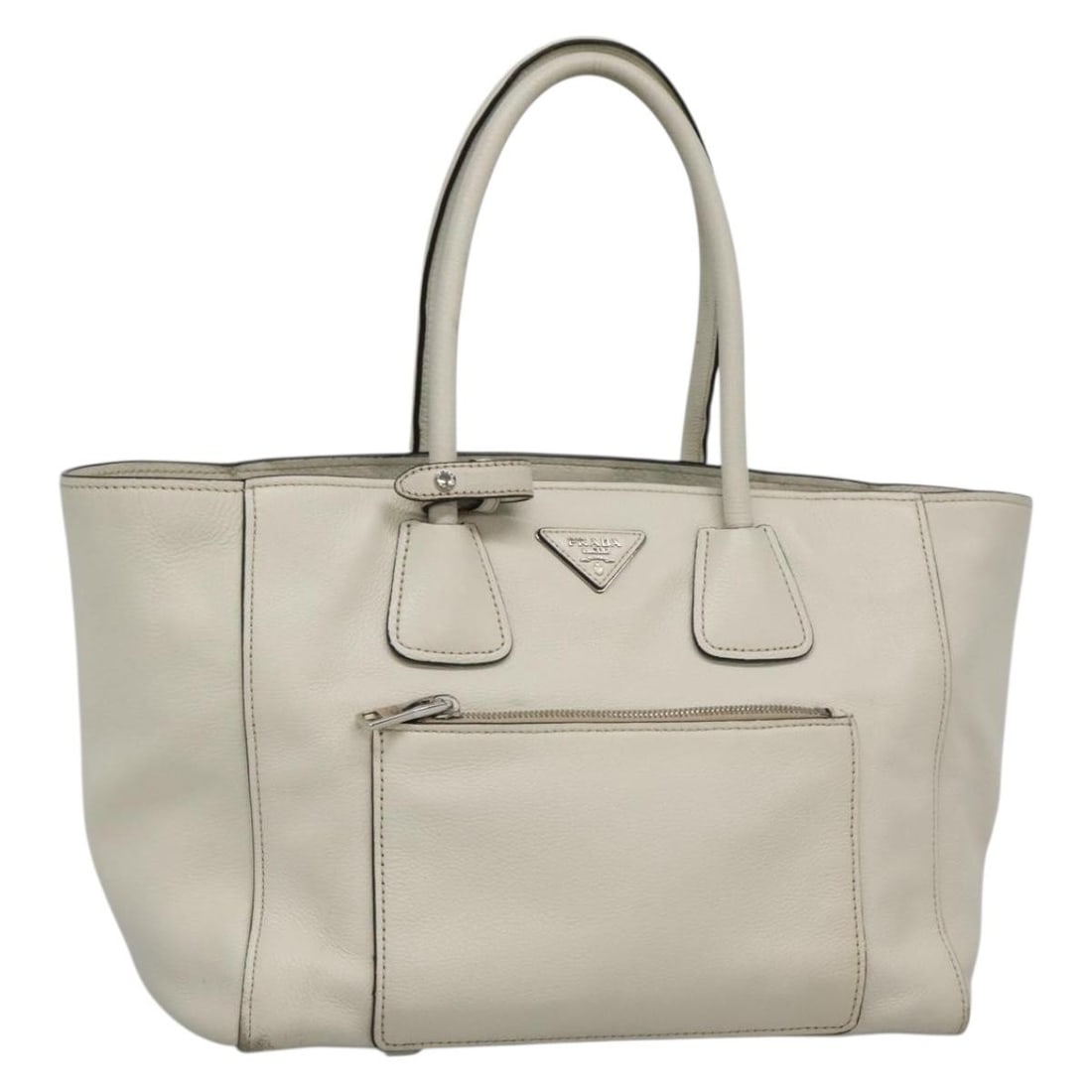 PRADA White Silver Leather Tote Bag Made in Italy: PRADA White Silver Leather Tote Bag Made in Italy This authentic PRADA tote bag exudes elegance and style, crafted from high-quality leather in a sophisticated white and silver color palette. Measurin