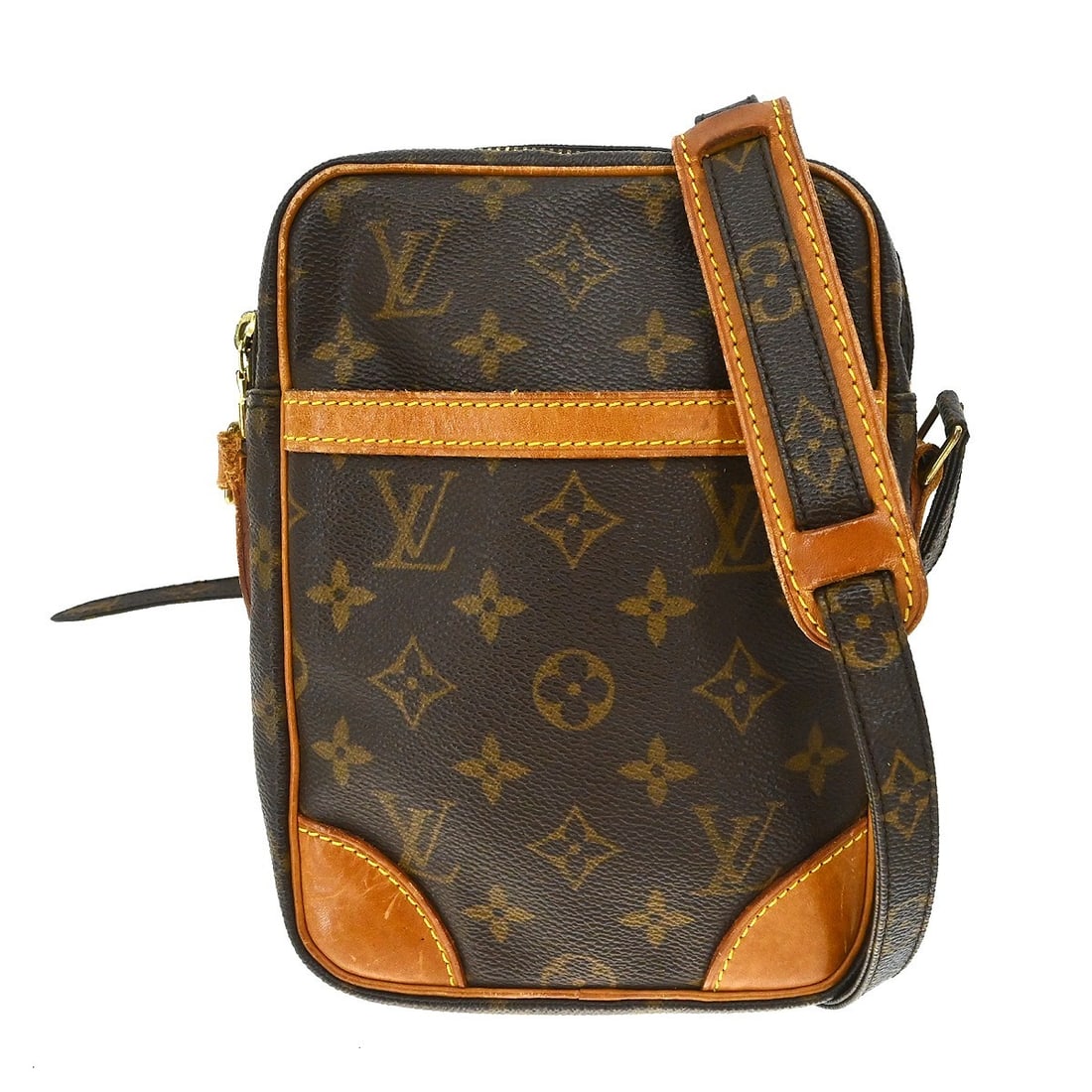 Louis Vuitton Danube Monogram Canvas Crossbody Bag M45266: Louis Vuitton Danube Monogram Canvas Crossbody Bag M45266 Vintage Louis Vuitton Danube shoulder bag in brown monogram canvas with leather trim and an adjustable crossbody strap. This zip-top bag featu