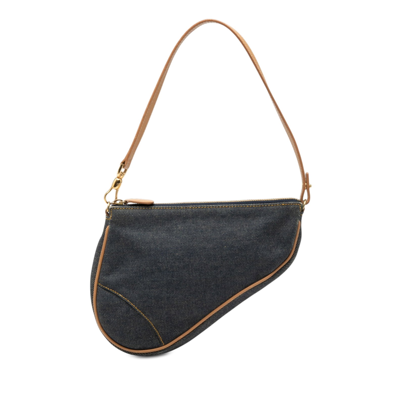 Dior Mini Saddle Bag Blue Denim and Leather Pochette: Dior Mini Saddle Bag Blue Denim and Leather Pochette This Dior Mini Denim Saddle Pochette features a blue denim body with leather trim, a flat leather strap, and a top zip closure. Signs of use includ