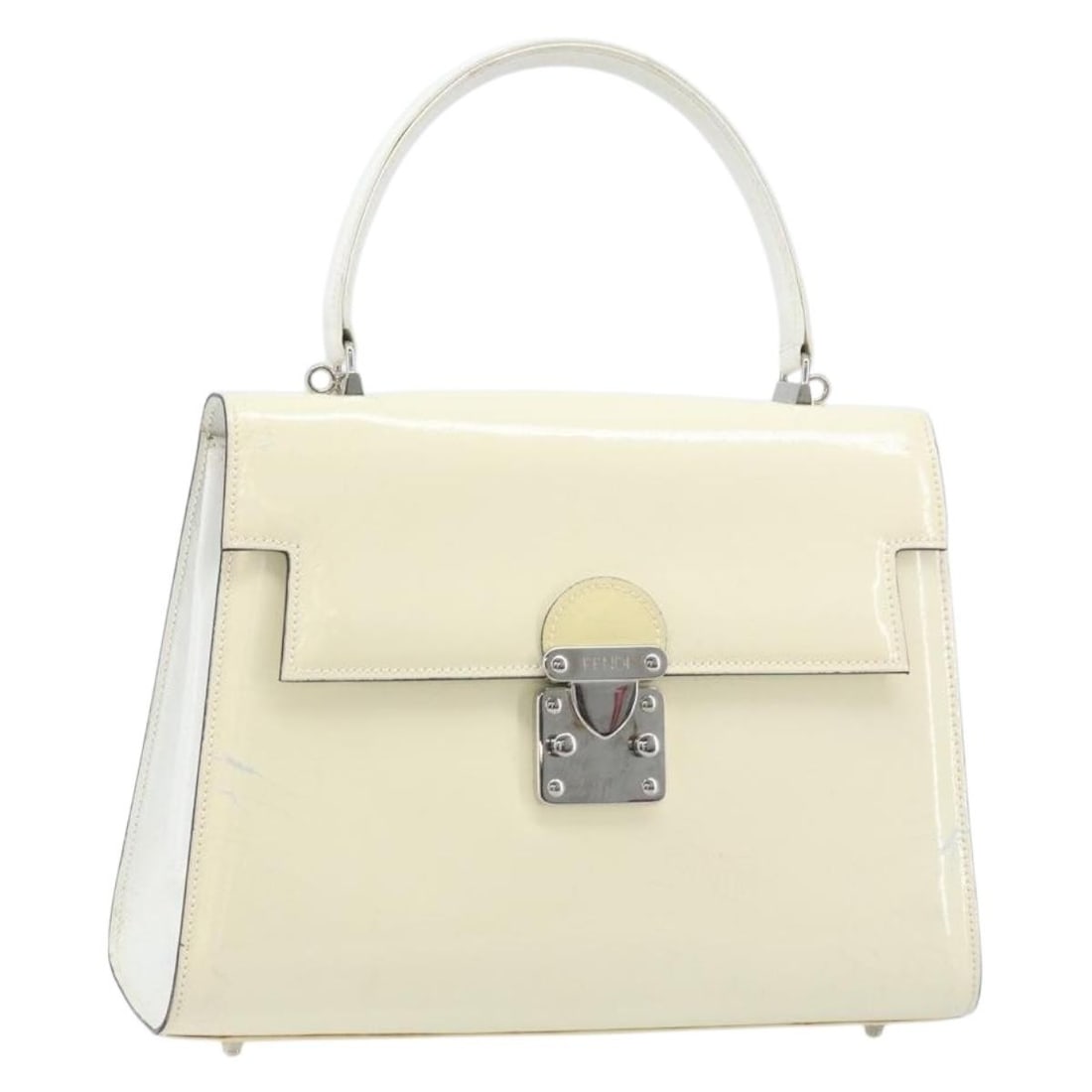FENDI Ivory Silver Patent Leather Womens Handbag Made in Italy: FENDI Ivory Silver Patent Leather Womens Handbag Made in Italy Fendi women's handbag in ivory and silver patent leather, made in Italy. This heavily used bag shows notable wear throughout, including d