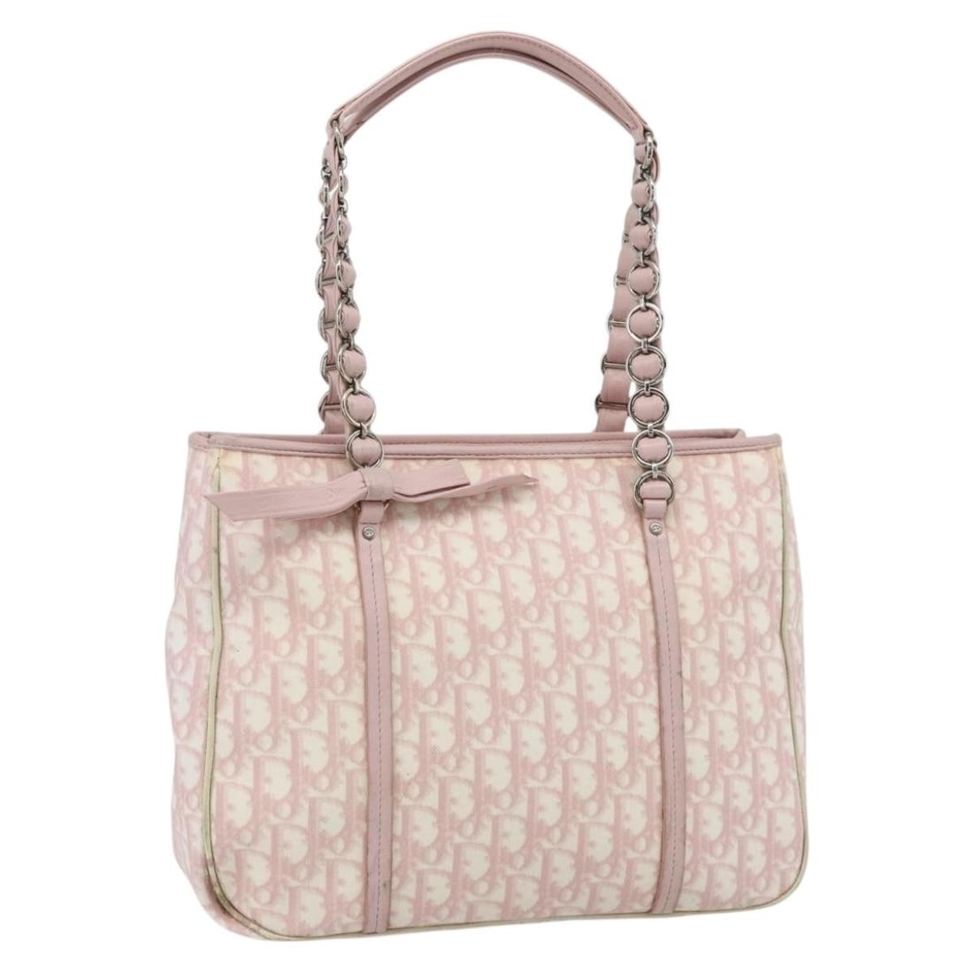Christian Dior Romantic Tote Bag in Pink Silver Trotter Canvas PVC: Christian Dior Romantic Tote Bag in Pink Silver Trotter Canvas PVC Christian Dior Trotter canvas tote bag in pink and silver with PVC leather trim. Made in Italy, this women's tote includes the guaran
