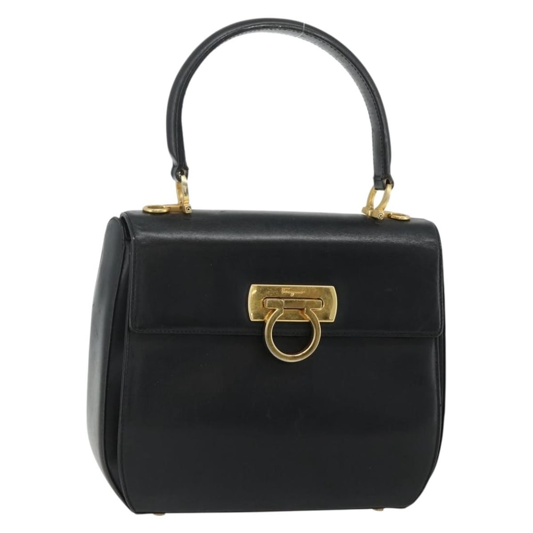 Ferragamo Gancini Black Gold Leather Handbag 2way Italy: Ferragamo Gancini Black Gold Leather Handbag 2way Italy This Salvatore Ferragamo Gancini handbag is crafted from black leather with gold-tone accents. Designed for versatile use, it can be carried by 