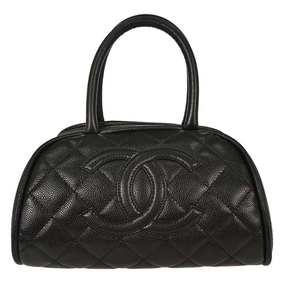 CHANEL Caviar black leather bowling bag with double handles: CHANEL Caviar black leather bowling bag with double handles Chanel Bowling Bag in black caviar skin leather with double handles, zip closure, logo accents, and an interior zip pocket. This medium top 