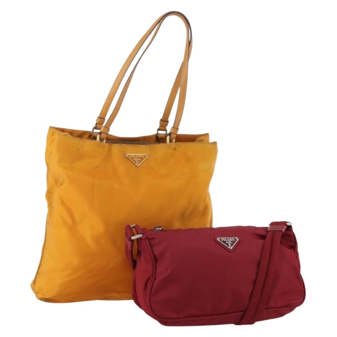 PRADA nylon orange red shoulder bag set with guarantee card: PRADA nylon orange red shoulder bag set with guarantee card This PRADA shoulder bag set for women is crafted from durable nylon in a striking orange and red color combination. Made in Italy, the bags 