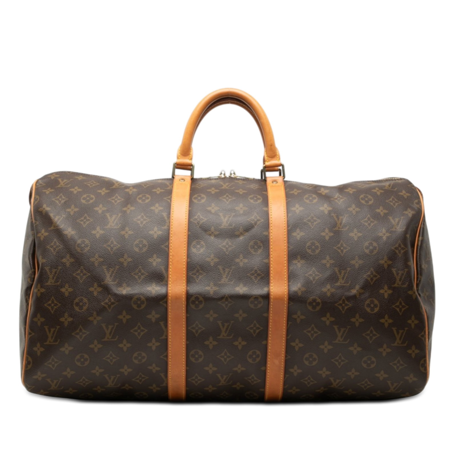 Louis Vuitton Keepall 55 Travel Bag in Monogram Canvas with Leather Trim: Louis Vuitton Keepall 55 Travel Bag in Monogram Canvas with Leather Trim The Louis Vuitton Monogram Keepall 55 features the signature monogram canvas body with vachetta leather trim, rolled leather ha