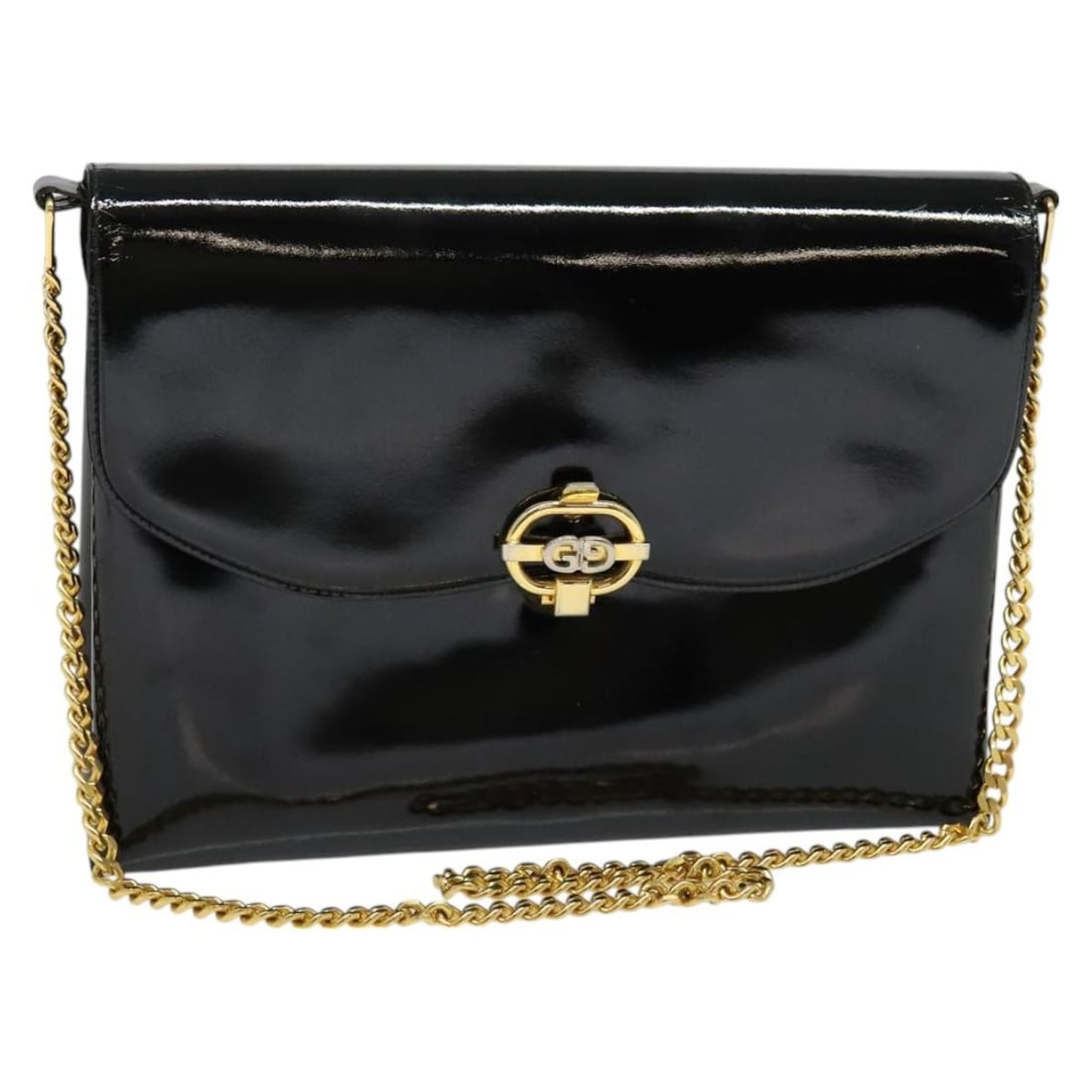 GUCCI Patent Leather Shoulder Bag Black with Gold Chain: GUCCI Patent Leather Shoulder Bag Black with Gold Chain Gucci shoulder bag in black patent leather with a gold-tone chain strap. This women's bag is made in Italy and shows heavy use, including slight