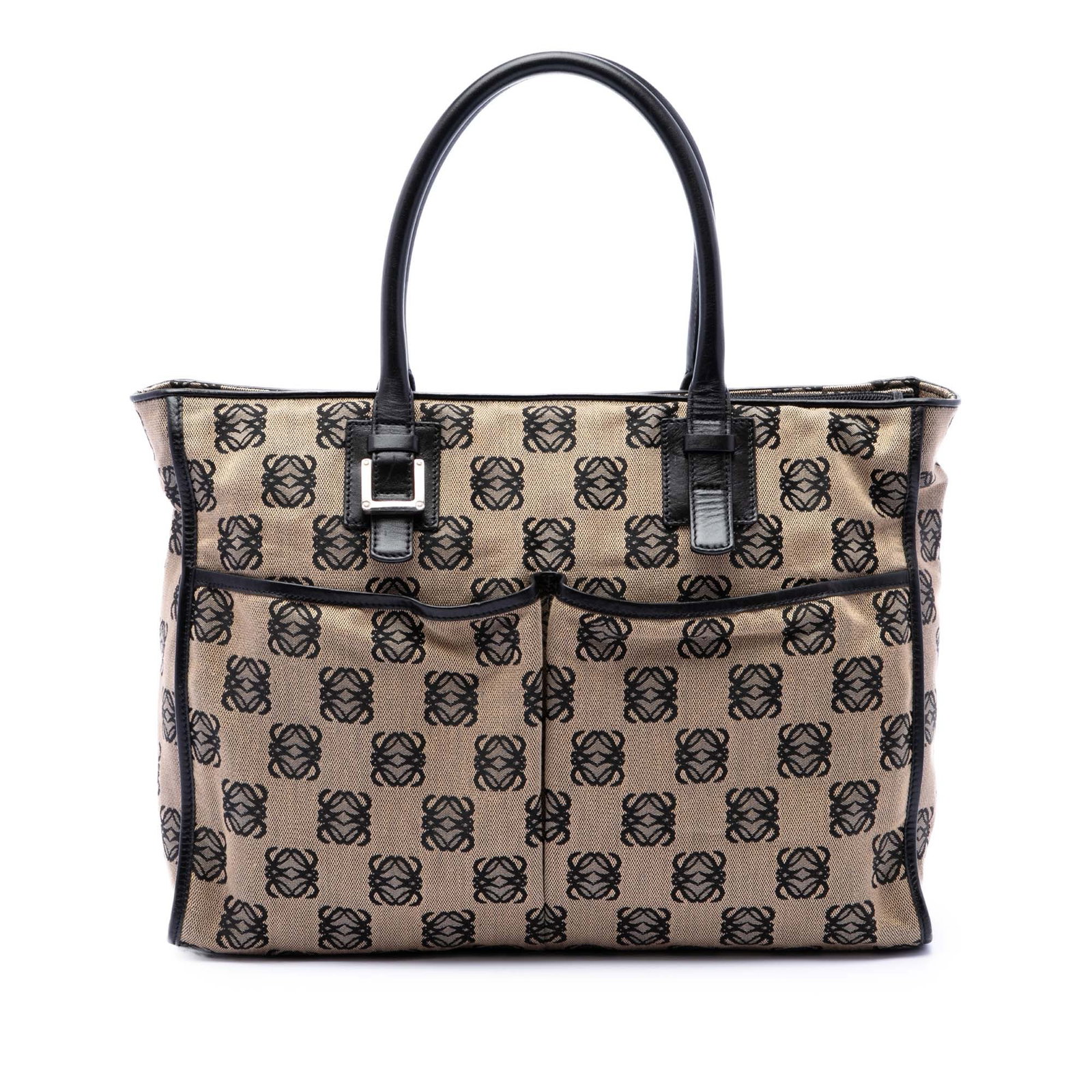 LOEWE Anagram Repeat Canvas Tote Bag with Leather Trim: LOEWE Anagram Repeat Canvas Tote Bag with Leather Trim LOEWE Anagram Canvas Repeat Tote in beige canvas with leather trim. This tote features rolled leather top handles, a top zip closure, exterior fr