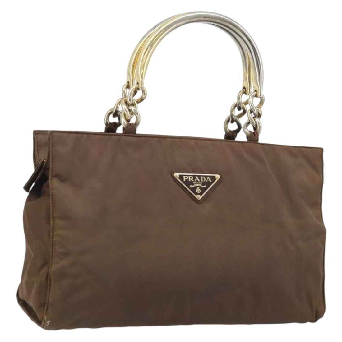 Prada brown gold nylon chain handbag Italy: Prada brown gold nylon chain handbag Italy This PRADA chain handbag features a brown and gold nylon exterior with gold-tone accents. Designed for women, it offers a spacious interior and practical dim