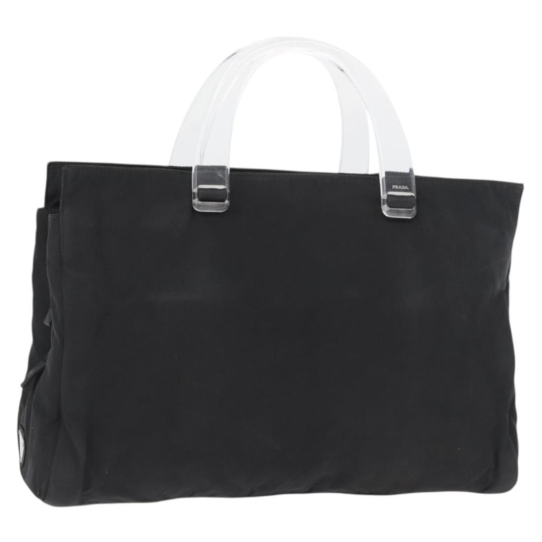 Prada black nylon handbag Italy silver trim 13.8 inch: Prada black nylon handbag Italy silver trim 13.8 inch This PRADA women's handbag is crafted from black nylon with silver-tone accents. Made in Italy, the bag features a practical design with a handle 