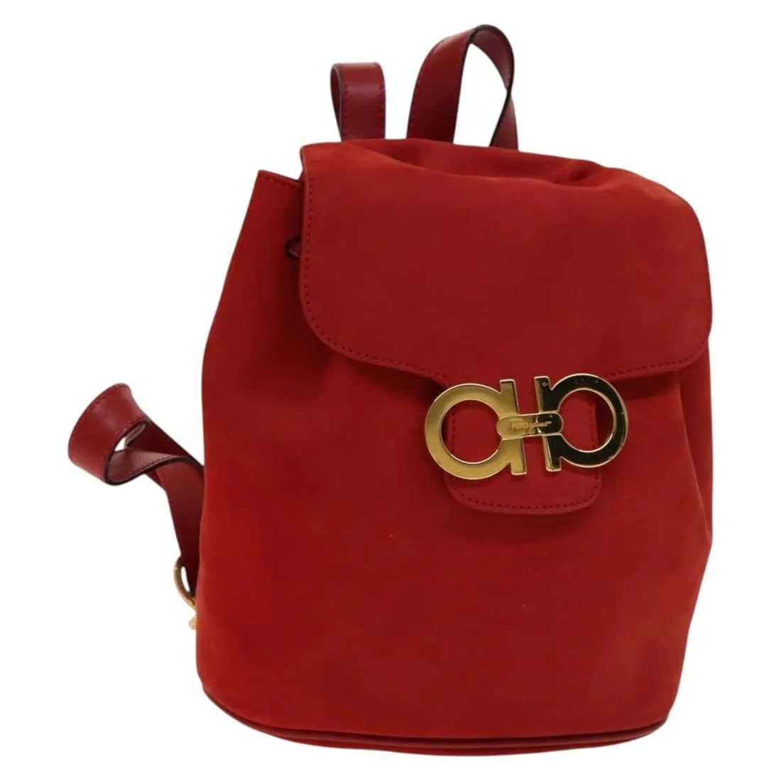 Red Suede Drawstring Backpack by Salvatore Ferragamo Gancini Flap: Red Suede Drawstring Backpack by Salvatore Ferragamo Gancini Flap This Salvatore Ferragamo Gancini Flap Drawstring Backpack is crafted from red suede and designed for women. Featuring a compact size w